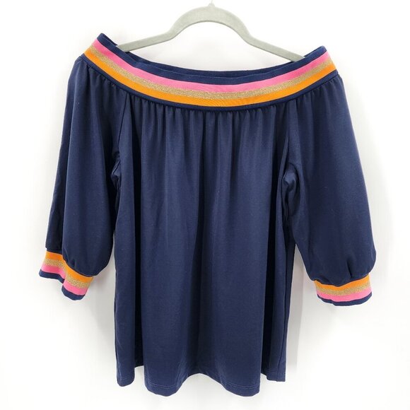 TRINA TURK Beach Off The Shoulder Varsity 3/4 Sleeve Top Navy Blue - Picture 3 of 6